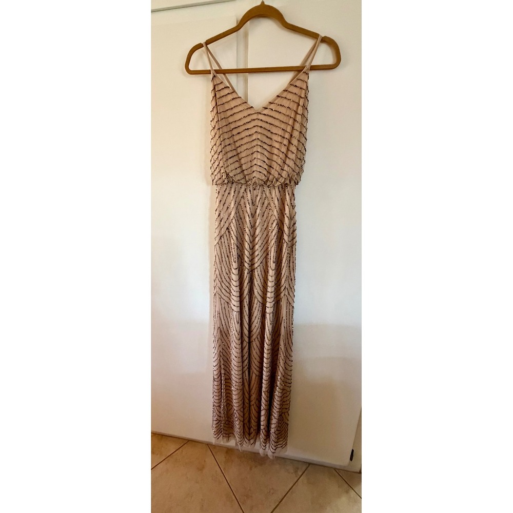 Adrianna Papell Live From The Red Carpet Sequin Beaded Gown Nude Art Deco Dress